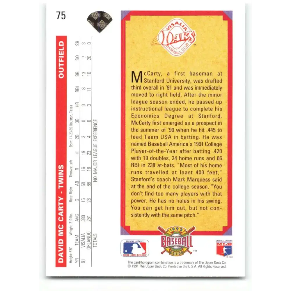 1992 Upper Deck #75 David McCarty NM-MT RC Rookie Minnesota Twins Baseball Card - Baseball Card Single