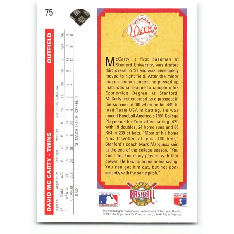 1992 Upper Deck #75 David McCarty NM-MT RC Rookie Minnesota Twins Baseball Card - Baseball Card Single