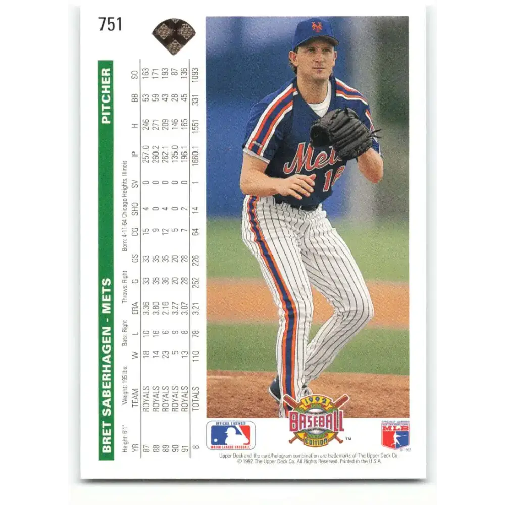 1992 Upper Deck #751 Bret Saberhagen NM-MT New York Mets Baseball Card - Baseball Card Single