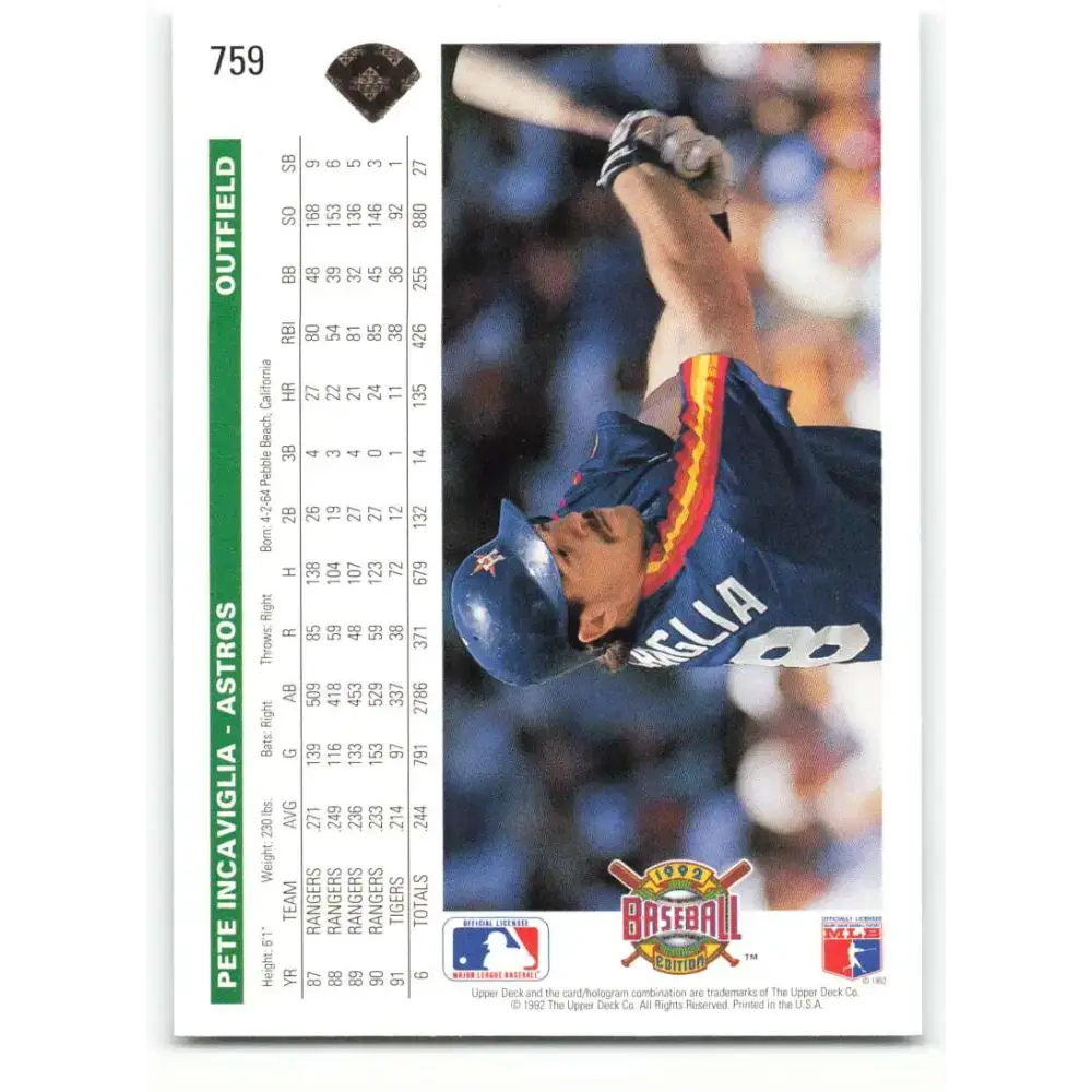 1992 Upper Deck #759 Pete Incaviglia NM-MT Houston Astros Baseball Card - Baseball Card Single