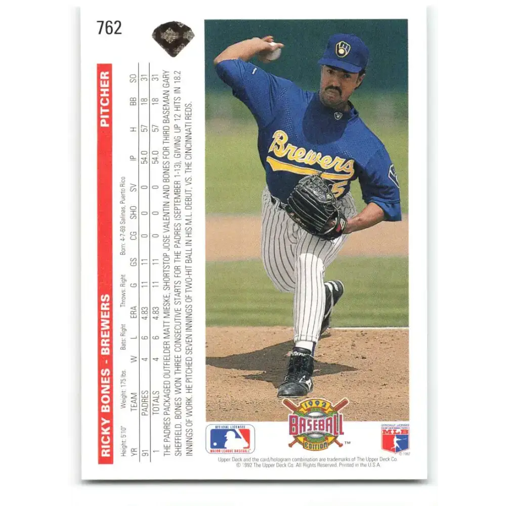 1992 Upper Deck #762 Ricky Bones NM-MT Milwaukee Brewers Baseball Card - Baseball Card Single