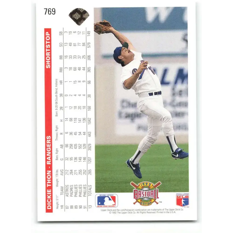 1992 Upper Deck #769 Dickie Thon NM-MT Texas Rangers Baseball Card - Baseball Card Single