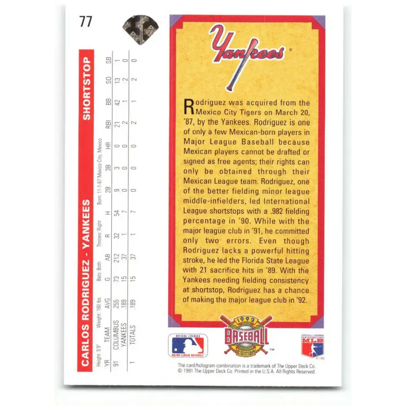 1992 Upper Deck #77 Carlos Rodriguez TP NM-MT New York Yankees Baseball Card - Baseball Card Single