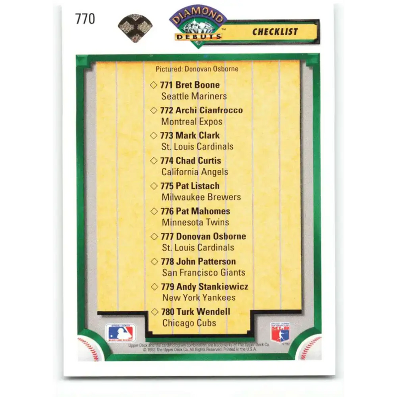 1992 Upper Deck #770 Donovan Osborne CL NM-MT St. Louis Cardinals Baseball Card - Baseball Card Single