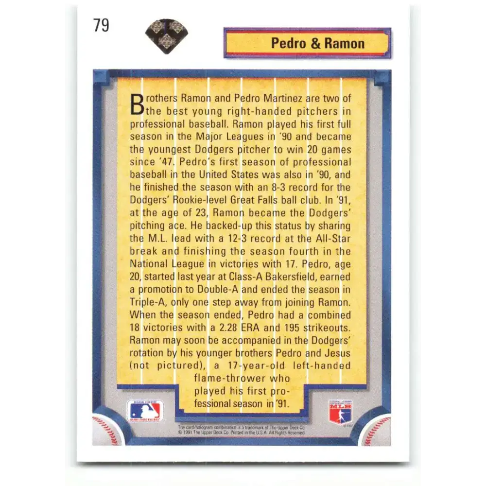 1992 Upper Deck #79 Pedro Martinez/Ramon Martinez NM-MT Los Angeles Dodgers Baseball Card - Baseball Card Single