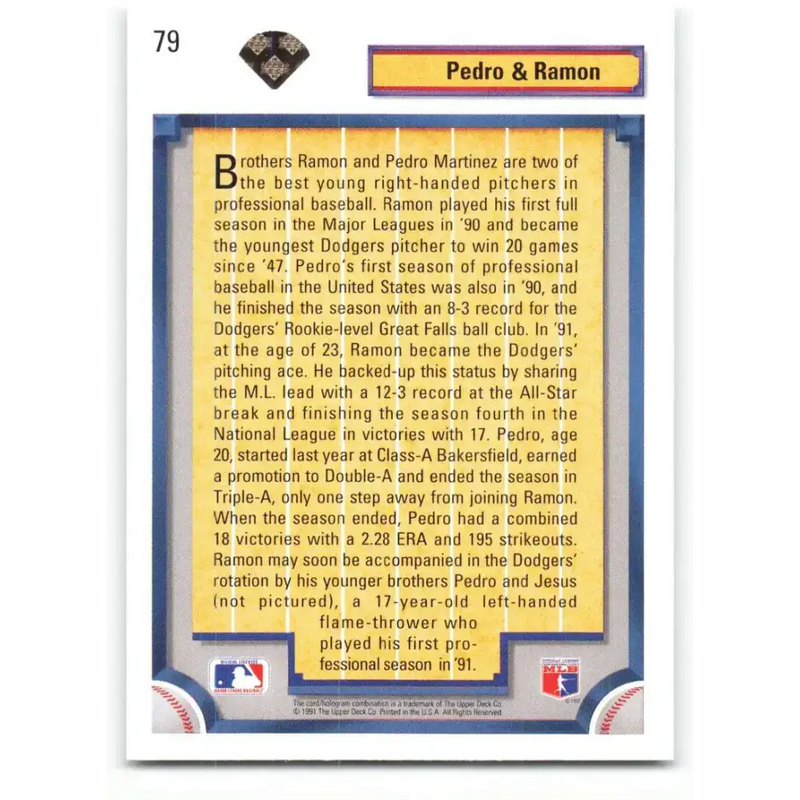 1992 Upper Deck #79 Pedro Martinez/Ramon Martinez NM-MT Los Angeles Dodgers Baseball Card - Baseball Card Single
