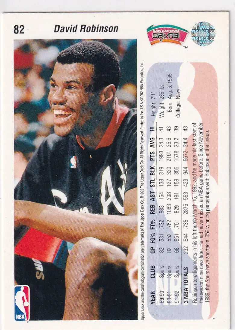 1992 UPPER DECK #82 DAVID ROBINSON- SAN ANTONIO SPURS - Basketball Card Single