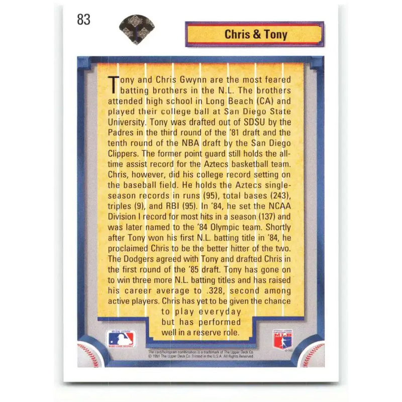 1992 Upper Deck #83 Chris Gwynn/Tony Gwynn NM-MT San Diego Padres/Los Angeles Dodgers Baseball Card - Baseball Card
