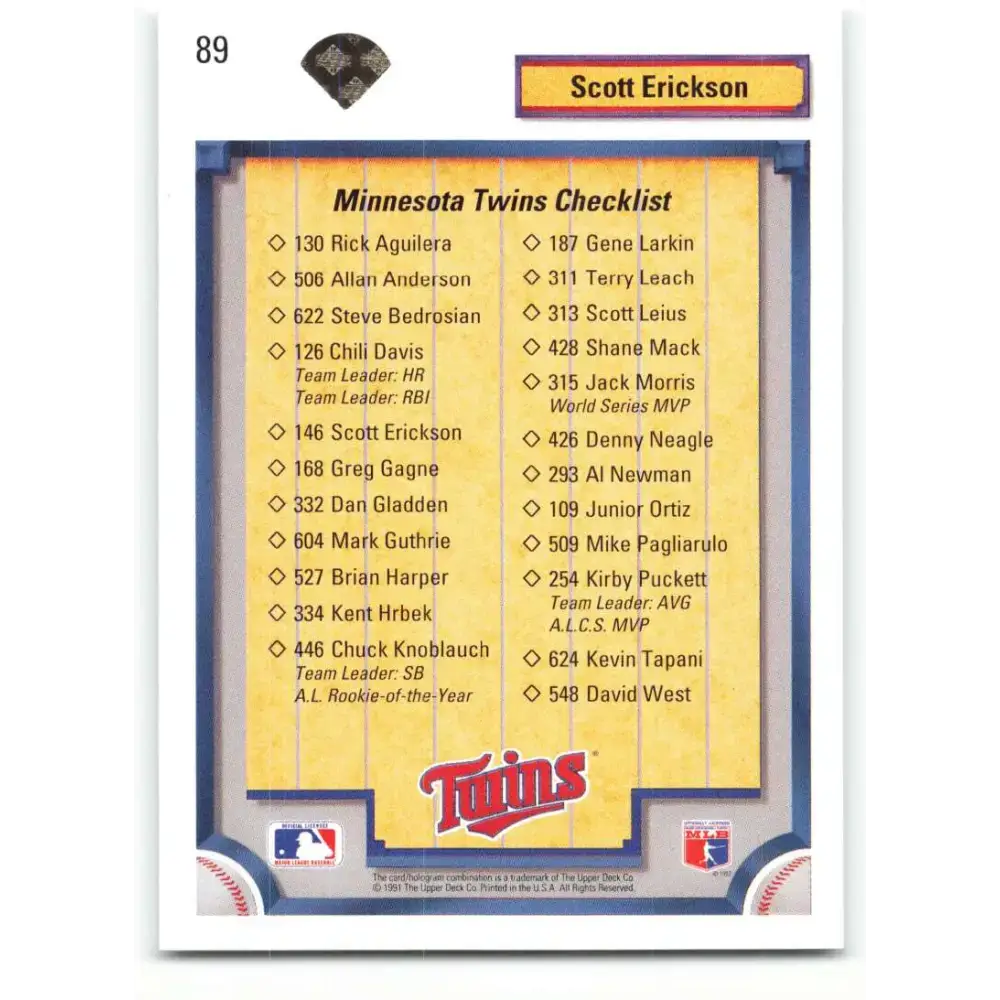 1992 Upper Deck #89 Scott Erickson TC NM-MT Minnesota Twins Baseball Card - Baseball Card Single