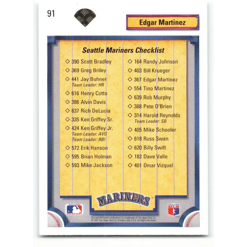 1992 Upper Deck #91 Edgar Martinez TC NM-MT Seattle Mariners Baseball Card - Baseball Card Single