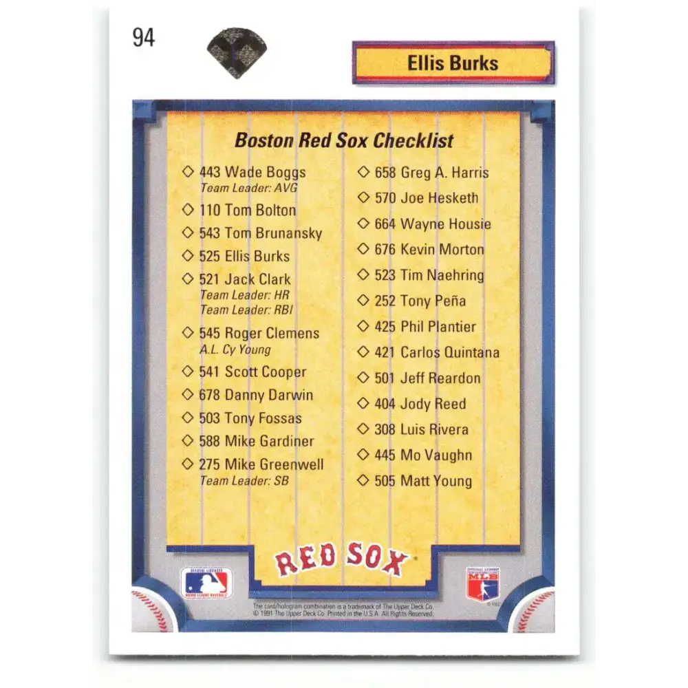 1992 Upper Deck #94 Ellis Burks TC NM-MT Boston Red Sox Baseball Card - Baseball Card Single