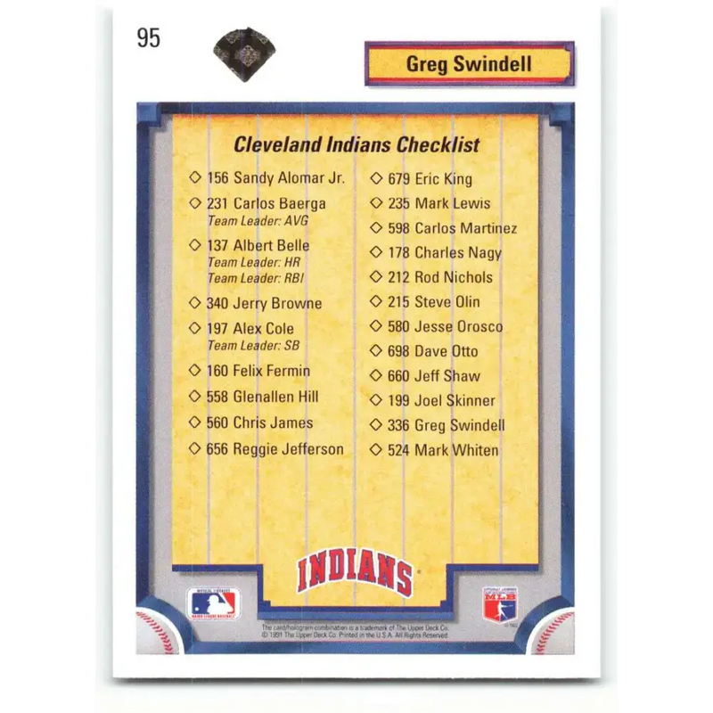 1992 Upper Deck #95 Greg Swindell TC NM-MT Cleveland Indians Baseball Card - Baseball Card Single