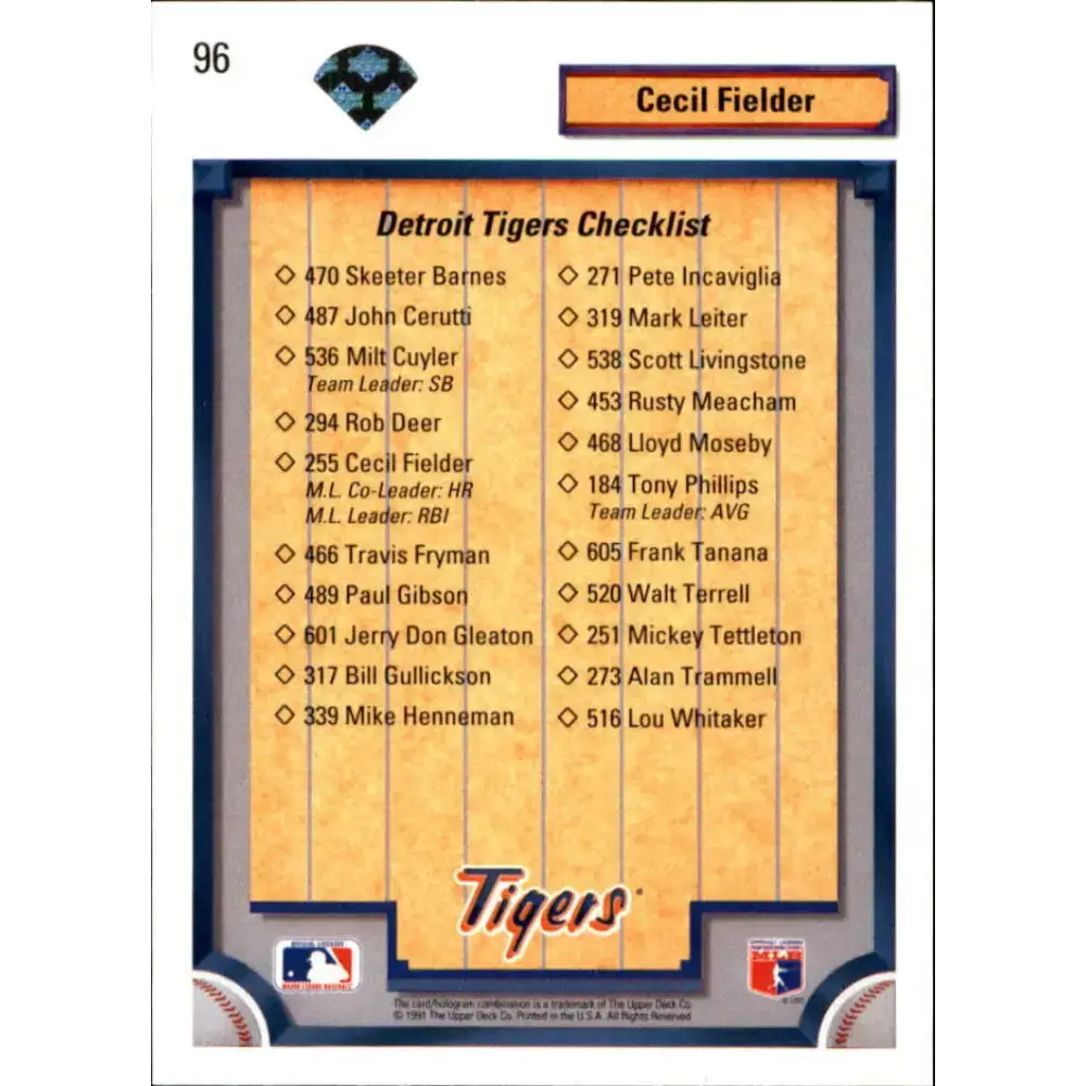1992 Upper Deck #96 Cecil Fielder TC NM-MT Detroit Tigers Baseball Card - Baseball Card Single