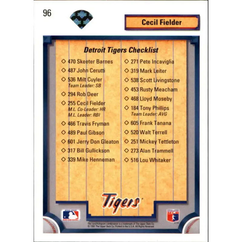 1992 Upper Deck #96 Cecil Fielder TC NM-MT Detroit Tigers Baseball Card - Baseball Card Single