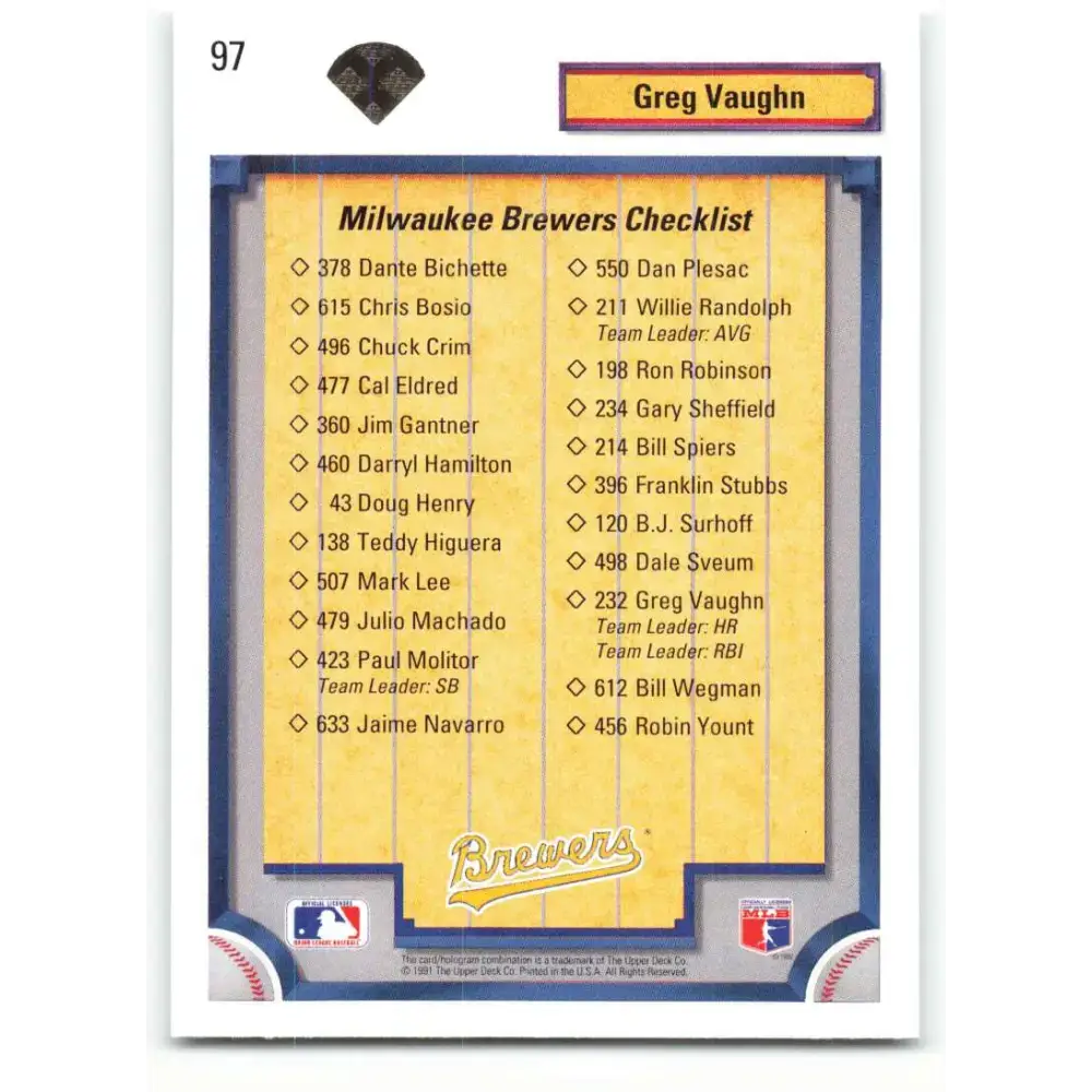 1992 Upper Deck #97 Greg Vaughn TC NM-MT Milwaukee Brewers Baseball Card - Baseball Card Single