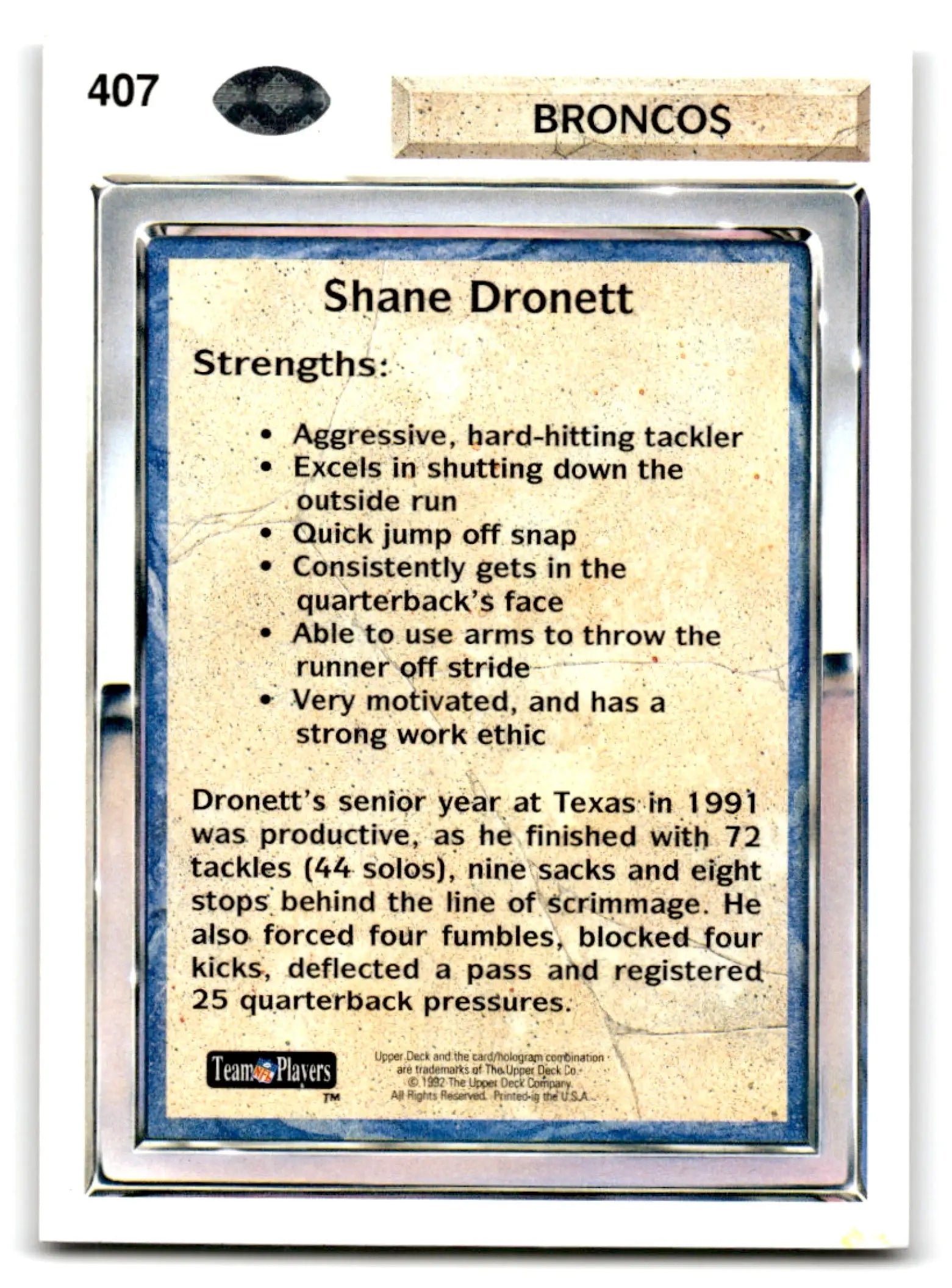 1992 Upper Deck Football Shane Dronett #407 RC Denver Broncos - Football Card Single