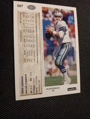 1992 Upper Deck - Troy Aikman #597. Dallas Cowboys. NRMT+ - Football Card Single