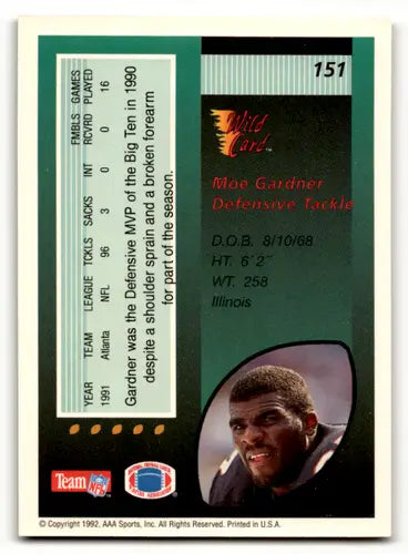 Original gloss football trading card featuring Moe Gardner from 1992 Wild Card Falcons