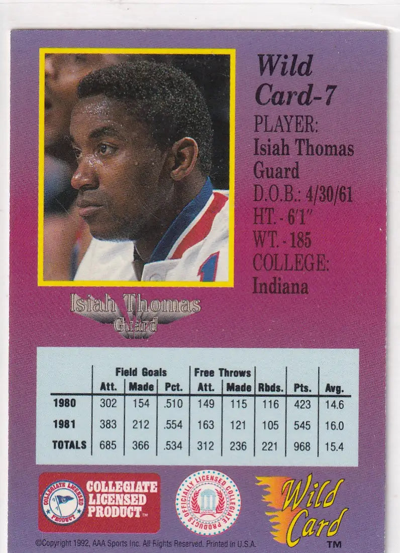 1992 WILD CARD #7 ISIAH THOMAS- DETROIT PISTONS - Basketball Card Single