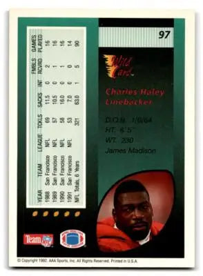 Charles Haley football card from 1992 Wild Card series featuring San Francisco 49ers