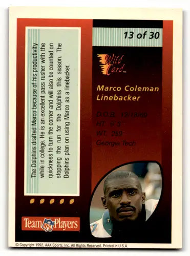 Marco Coleman 1992 Wild Card Red Hot Rookies football card with original gloss