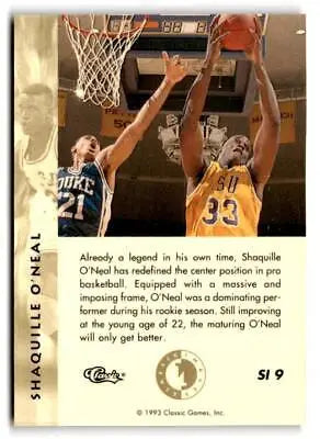 Basketball trading card of Shaquille O’Neal competing near hoop in Classic Images Four Sport