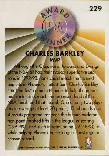 1993-94 Fleer #229 Charles Barkley NM-MT Suns AW - Basketball Card Single