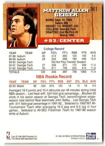 Original gloss of Matt Geiger basketball card from 1993-94 Hoops featuring Simply Sandoval