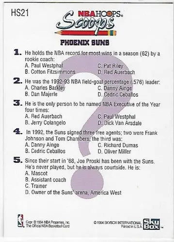 NBA Hoops Scoops trivia card featuring Charles Barkley from 1993-94 Hoops Scoops series
