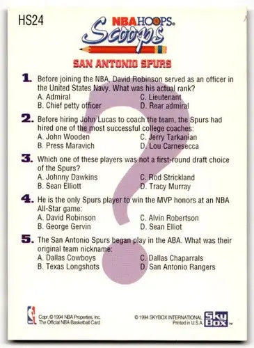 Original gloss Hoops Scoops trivia card featuring HS24 David Robinson Spurs ID 42983
