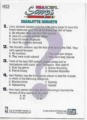 NBA trivia card from 1993-94 Hoops Scoops featuring Alonzo Mourning in sports cards collection