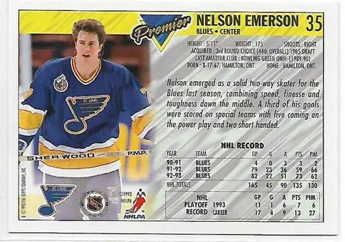 Original gloss hockey trading card of Nelson Emerson from OPC Premier 1993-94 Blues
