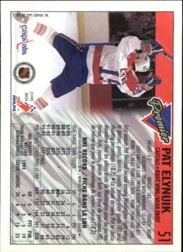 Hockey card back showcasing original gloss OPC Premier Pat Elynuik Capitals 1993-94