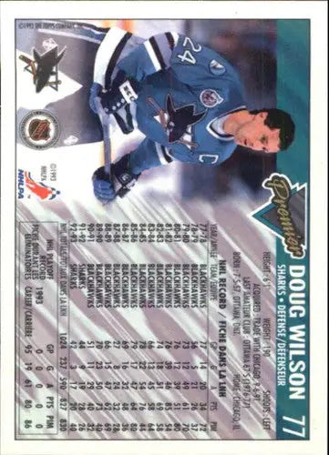 Vintage OPC Premier Doug Wilson hockey trading card with original gloss in Sharks uniform