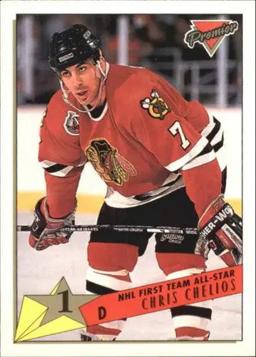 Vintage OPC Premier Chris Chelios trading card with original gloss from 1993-94 Blackhawks