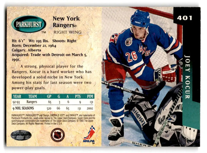 1993-94 Parkhurst #401 Joey Kocur Emerald Ice - Hockey Card Single