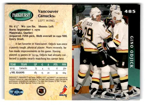 Hockey card featuring Gino Odjick from 1993-94 Parkhurst with original gloss, ideal for cards typically sell
