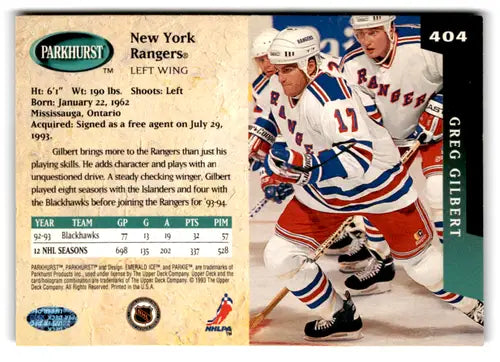 1993-94 Parkhurst Emerald Ice #404A Greg Gilbert NM Near Mint NY Ranger ID:77374 - Hockey Card Single
