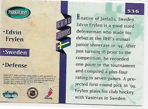 Hockey card back featuring original gloss from 1993-94 Parkhurst Emerald Ice Simply Sandoval Edvin Frylen NM-MT