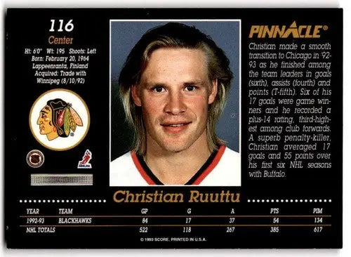 1993-94 Pinnacle #116 Christian Ruuttu EX/NM Blackhawks ID:43413 - Hockey Card Single