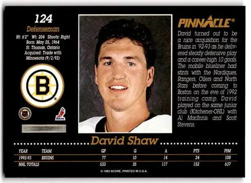 1993-94 Pinnacle #124 David Shaw NM Near Mint Bruins ID:43414 - Hockey Card Single
