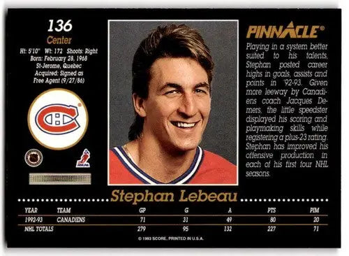 1993-94 Pinnacle #136 Stephan Lebeau NM Near Mint Canadiens ID:43415 - Hockey Card Single
