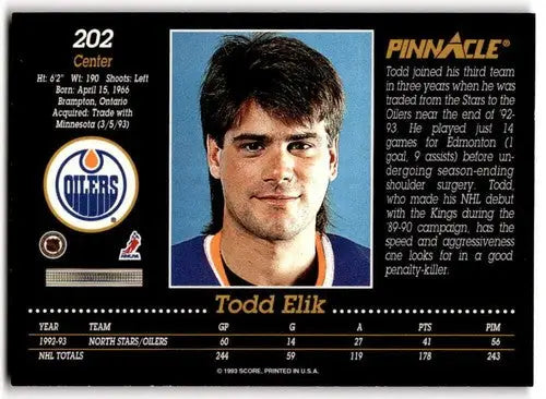 1993-94 Pinnacle #202 Todd Elik NM Near Mint Oilers ID:43421 - Hockey Card Single