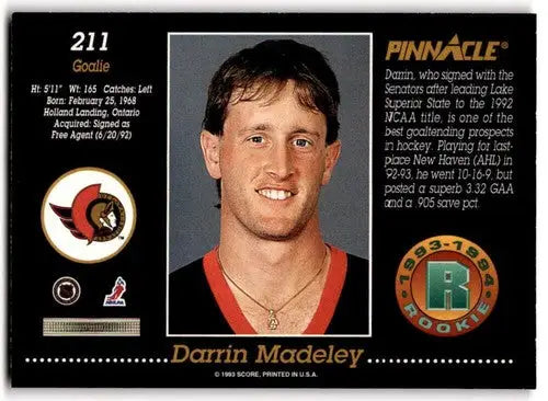 1993-94 Pinnacle #211 Darrin Madeley NM Near Mint RC Rookie Senators ID:43422 - Hockey Card Single