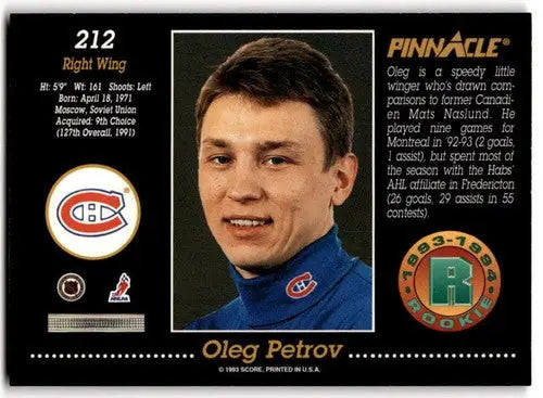 1993-94 Pinnacle #212 Oleg Petrov NM Near Mint Canadiens ID:43417 - Hockey Card Single