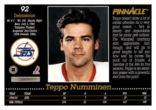 1993-94 Pinnacle #92 Teppo Numminen EX/NM Winn Jets - Hockey Card Single