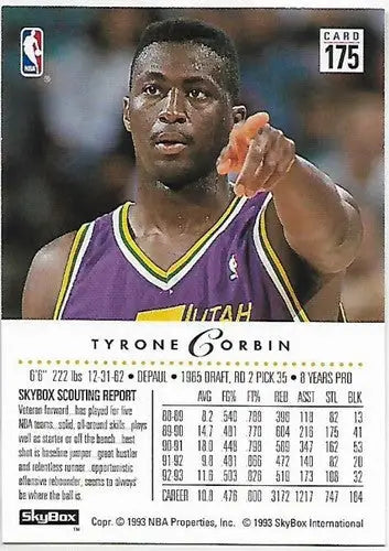 1993-94 SkyBox #175 Tyrone Corbin NM Near Mint Jazz - Basketball Card Single