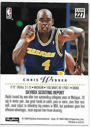 1993-94 SkyBox #227 Chris Webber NM Near Mint RC Rookie Warriors - Basketball Card Single