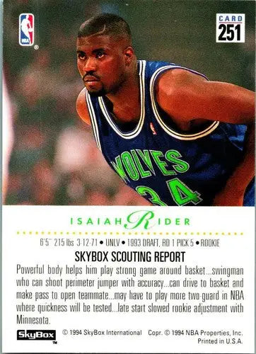 1993-94 SkyBox #251 Isaiah Rider NM Near Mint RC Rookie Timberwolves - Basketball Card Single
