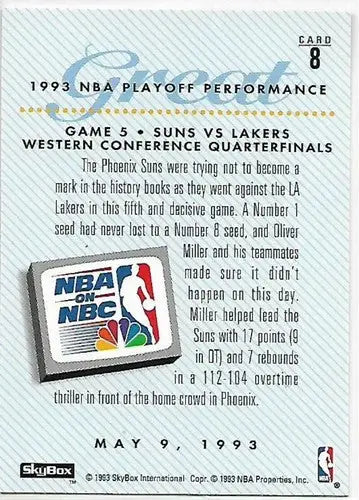 Original gloss 1993 NBA playoff performance card featuring Oliver Miller Suns sports cards